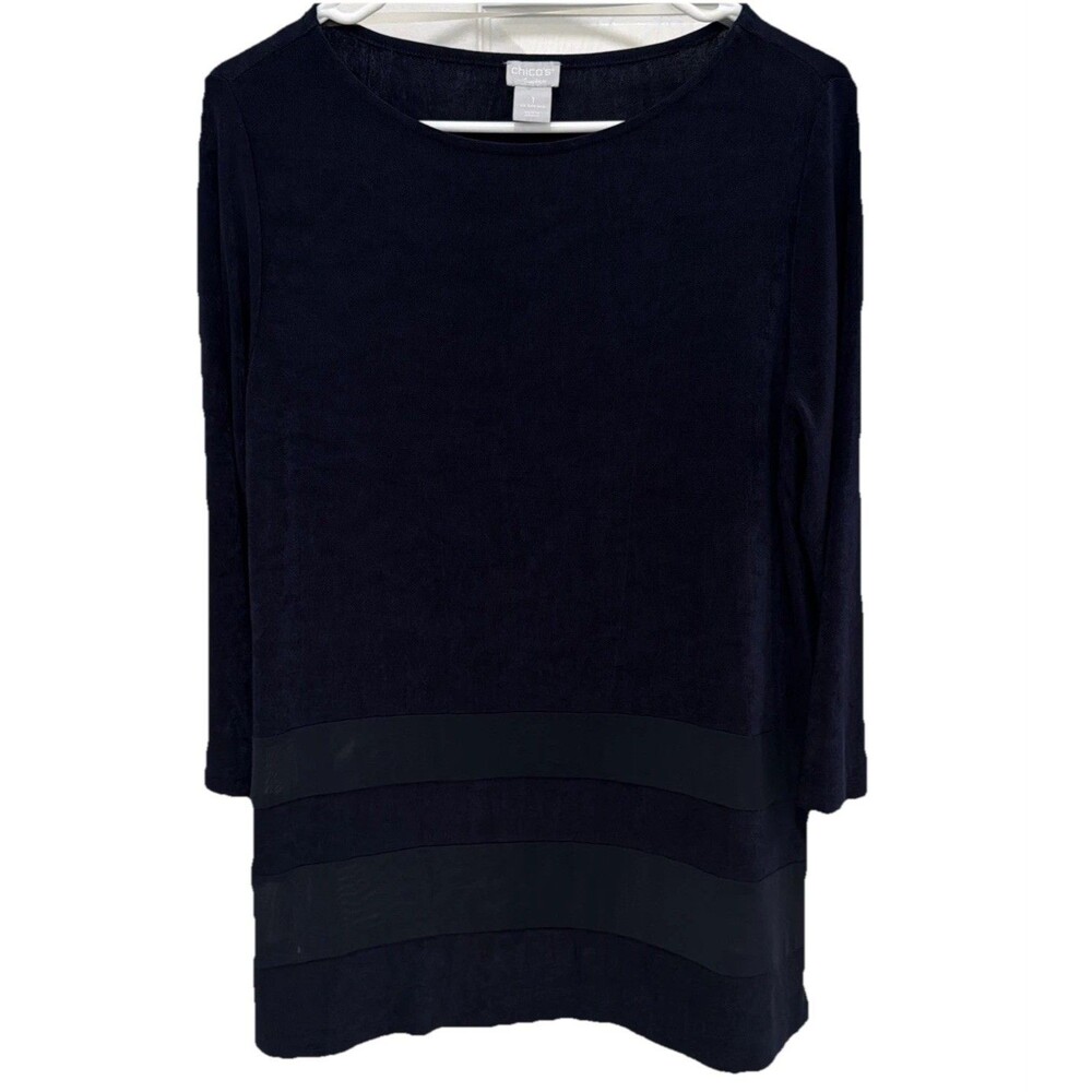 Chicos Travelers Blouse Long Sleeve Women’s SZ 8-10 loose navy blue sheer chic